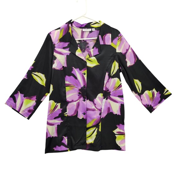 Susan Graver Tops - Susan Graver Women Floral Art to Wear Button Down Top M Black Purple 3/4 Sleeve